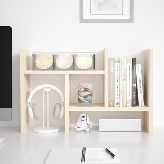 Jerry & Maggie Desktop Organizer Office Storage Rack Adjustable Wood Display Shelf Free Style Double H, Multi-Functional Mini Bookshelf for Desk Natural Stand (White Wood Tone/2 Pack)