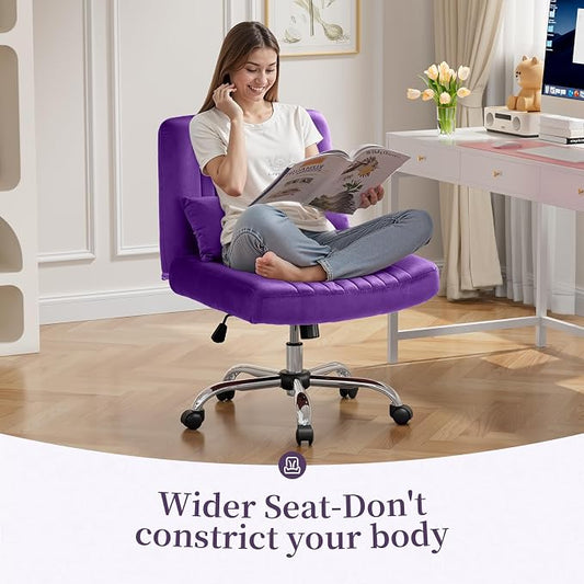 Criss Cross Chair with Wheels, Velvet Cross Legged Office Chair, Comfy Desk Chair for Home Office, Ergonomic Computer Chair, Wide Seat Vanity Chair, Birthday Gift for Women, Velvet Plum Purple