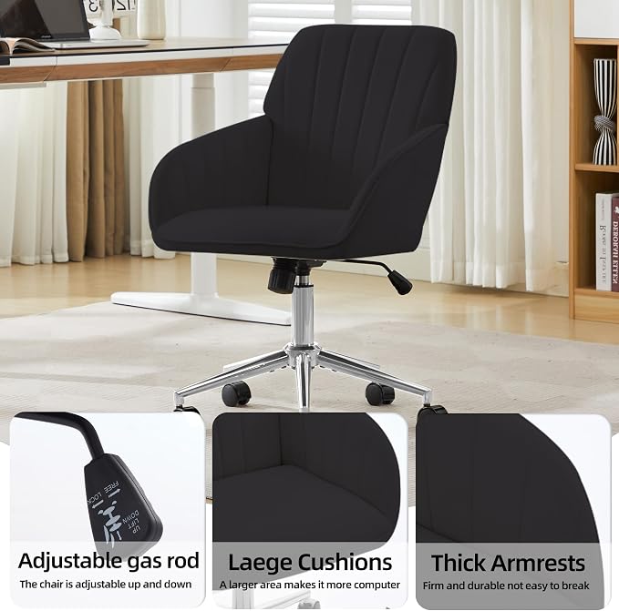 YITAI Velvet Office Desk Chair with Wheels and Silver Base,Modern Height Adjustable 360 Degree Swivel Upholstered Vanity Chairs with Arms for Living Room Bedroom, Study,Black