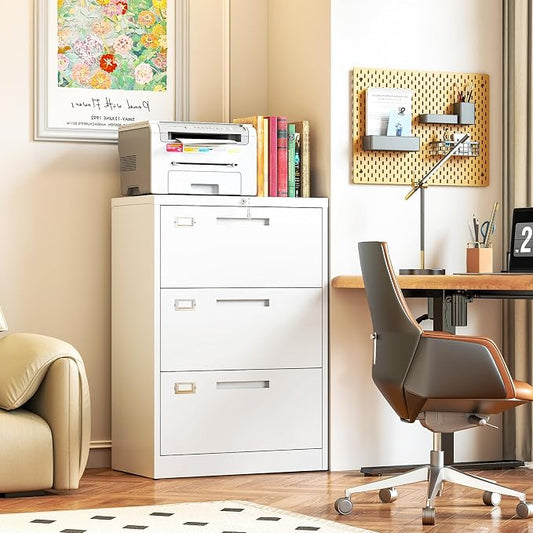Metal Lateral 3 Drawer File Cabinet, Wide Filing Cabinet with Lock for Home Office Organization Hanging Files Letter/Legal/F4/A4 Size (White, Assembly Required)