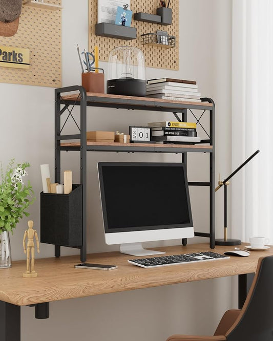 Desktop Shelves, Monitor Stand with Adjustable Shelves and Side Pockets, 2-Tier Desktop Bookshelf Organizer, Large Capacity Display Shelf Rack, Desk Hutch for Home Office, Rustic Brown