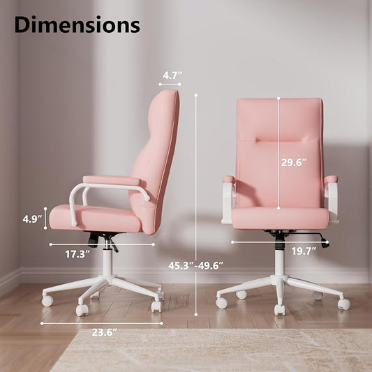 GXJ Pink Desk Chair, High Back Leather Executive Office Chair for Girl and Women, Adjustable Height Computer Desk Chairs with Wheels and Arms