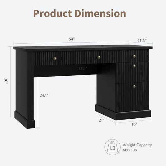 Garvee Fluted Home Office Desk with File Drawer, 54" Modern Executive Desk with Charging Station, Wooden Computer Writing Desk for Home Office, Study Room, Black