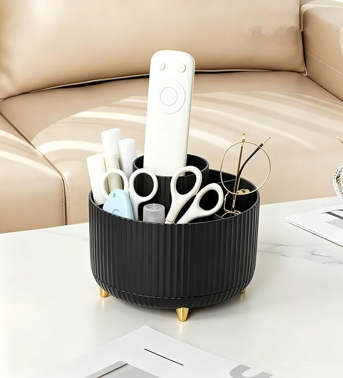 Pencil Pen Holder 5 Slots 360°Degree Rotating Pen Organizers for Desk Desktop Storage Stationery Supplies Cute Pencil Cup Pot Kids Desk Organizer for Office Home School(Black)
