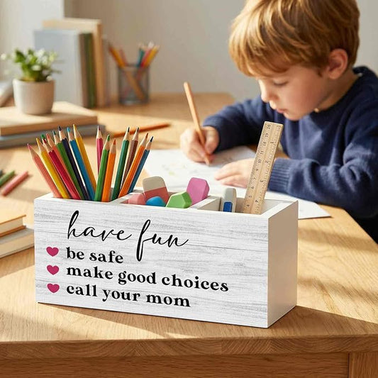 Funny Call Your Mom Pencil Pen Holder for Desk Organizer, Gifts for College Freshman Students Girls Boys, Funny Wooden Box Decorations for College Dorm Desk Tabletop Decor