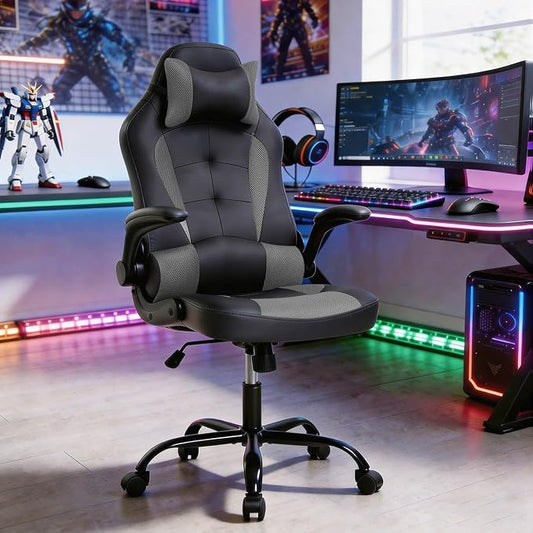 BestOffice Gaming Chair Office High-Back PU Leather Racing Chair Reclining Computer Executive Desk Chair with Lumbar Support Adjustable Arms Rolling Swivel Chair for Women, Men(Grey)