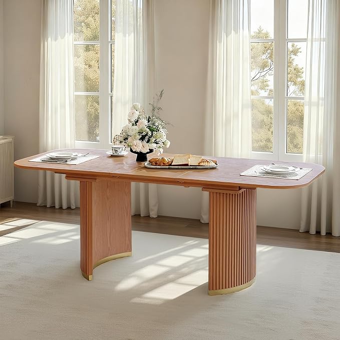 HULALA HOME 60"-80.75" Extendable Dining Table, Solid Wood Kitchen Table with Removable Leaves, Fluted Base, Mid-Century Modern Home Office Desk for Dining Living Study Room-Teak