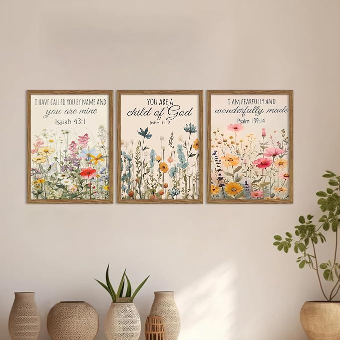 MLKZNOI 3Pcs Christian Floral Scripture Posters Wall Art, Wildflower Bible Verse Canvas Wall Decor, Psalm Religious Faith Art Pictures Prints for Living Room Bedroom Decorations 16x24in Unframed