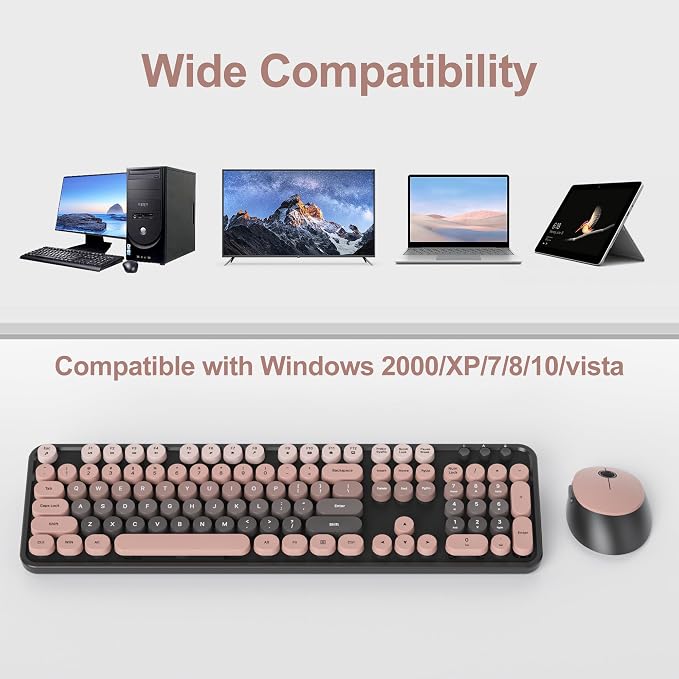 Wireless Keyboard and Mouse Set, Retro Typewriter, 2.4GHz Full Size 104-Key Cute Keyboard with Number Pad, Colorful Keyboard with Round Keycaps for Windows PC Laptop(Raspberry)