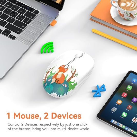 FMOUSE Cute Wireless Mouse, Bluetooth & 2.4GHz Dual Mode, Silent Click, AA Battery Powered, Kawaii for Kids Students Teen Girls, Compatible with Laptop Mac iPad PC (Fox)