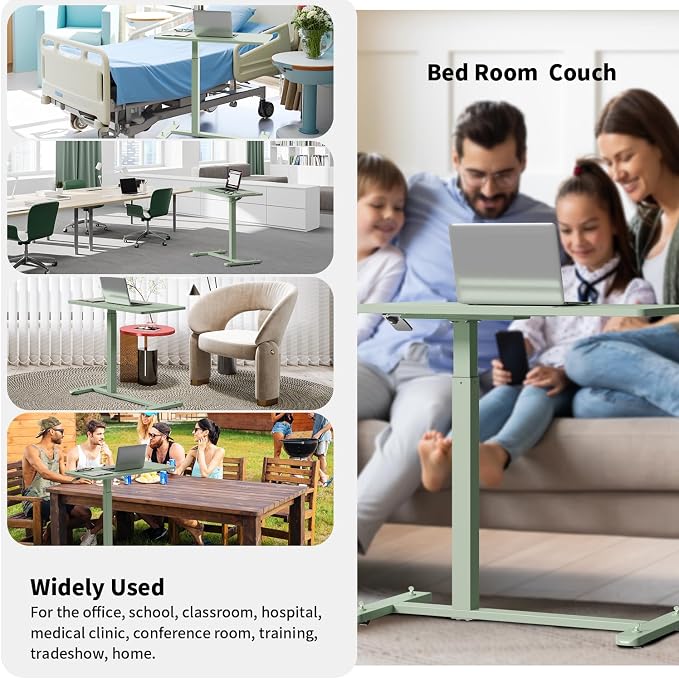 Gibbon Mounts Mobile Standing Desk, Pneumatic Adjustable Rolling Desk(31.5 Inches), Portable Laptop Desk with 4 Lockable Wheels, Overbed Bedside Table Laptop Table for Couch, Home, Office, Green