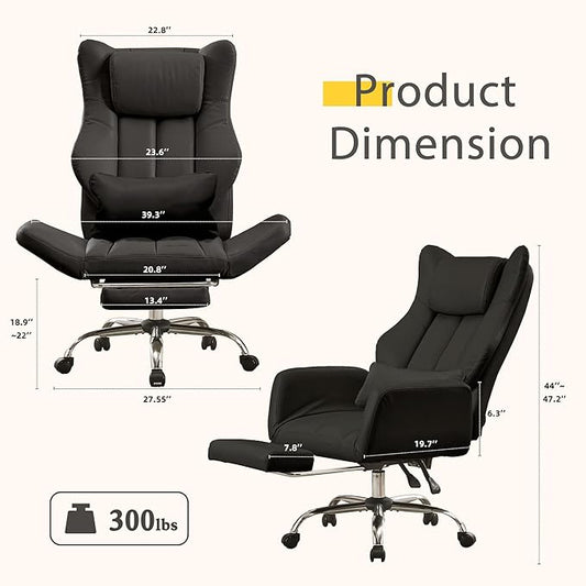 Ergonomic Cross Legged Office Chair with Footrest,Leather Big and Tall Executive Chair with Lumbar Pillow,Reversible Armrest for Pets,155° Reclining Computer Wide Desk Chair for Home,Office, Black
