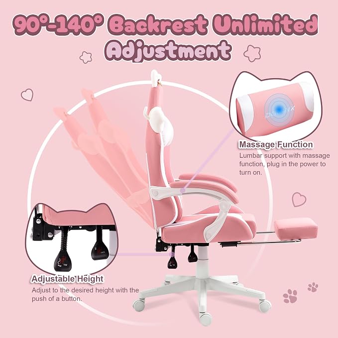 Dowinx Pink Gaming Chair with Cat Ears and Massage Lumbar Support, Ergonomic Computer Chair with Footrest and Headrest, Comfortable Reclining Game Chair 290lbs for Adults, Pink