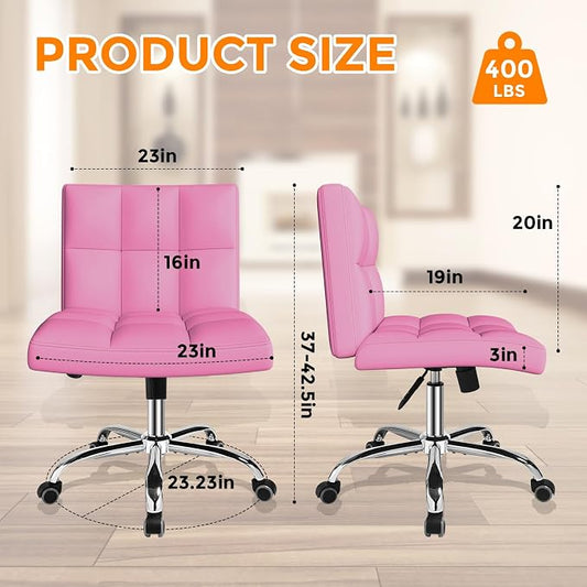Pink Office Chair with Wheels - 360° Swivel Armless Back Support,Comfortable Pu Adjustable Rolling Desk Chairs for Office,Home,Vanity,Bedroom,Big Space (Widened Pink)