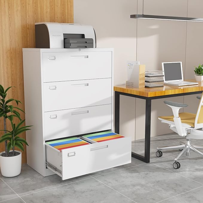 BYNSOE 4 Drawer File Cabinet with Lock Metal Lateral File Storage Cabinet Office Home Steel Lateral File Cabinet for A4 Legal/Letter Size Wide File Cabinet Locked,Assembly Required (4 Drawer, White)