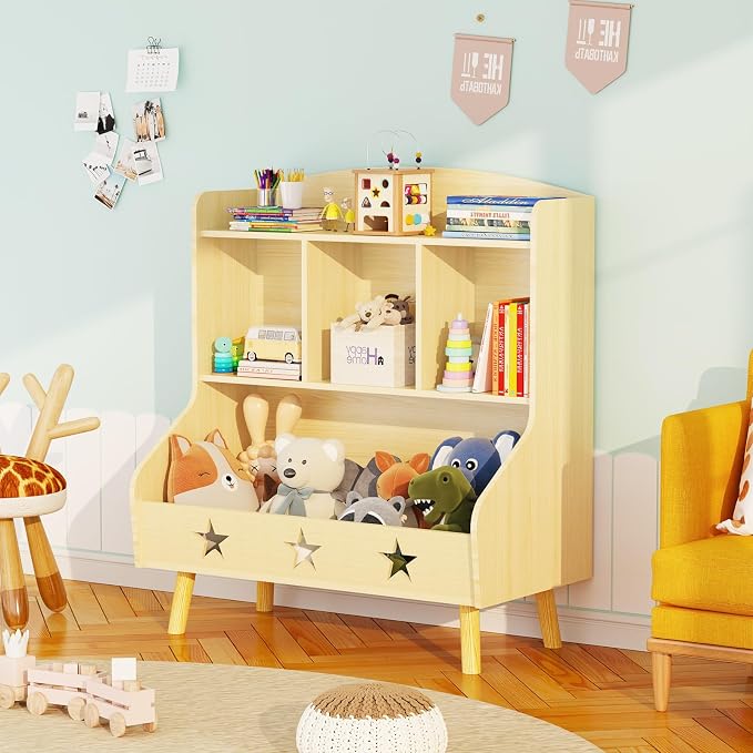 Adompacat Cube Bookshelf Storage Organizer Bookcase, Wide Open Storage Bookcase for Toddlers, Freestanding Display Bookshelve, Modern Toy Shelf for Bedroom, Living Room, Nursery and Classroom(Oak)