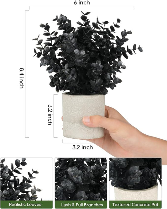 Velener 2 PCS Small Fake Eucalyptus Plant Artificial Potted Plants Indoor for Christmas Decor Indoor Realistic Faux Plant for Office, Bathroom, Living Room, Desk, Shelf, Home Decor (Black)