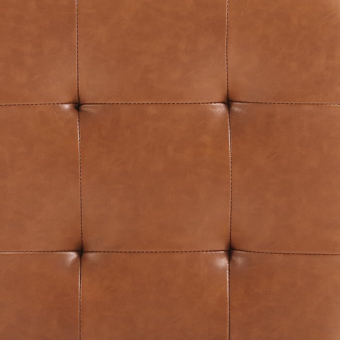 Zesthouse Rattan Desk Chair No Wheels, Mid Century Modern Home Office Chair with Cane Mesh & Wooden Back, Vintage Faux Leather Swivel Accent Chair, Upholstered Armless Computer Task Chair,Brown