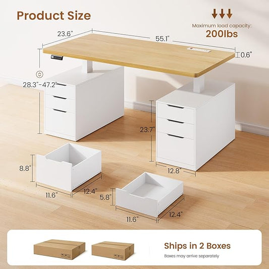 SEDETA 55" Electric Standing Desk with 6 Drawers, Adjustable Stand up Desk with Storage, Computer Desks with Power Outlets for Home Office, White + Oak