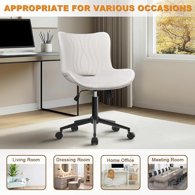 Armless Office Chair, Height Adjustable Desk Chair with Wheels, Ergonomic Comfy 360° Swivel Home Office Computer Task Chair, Faux Leather Padded Cute Vanity Chair, White