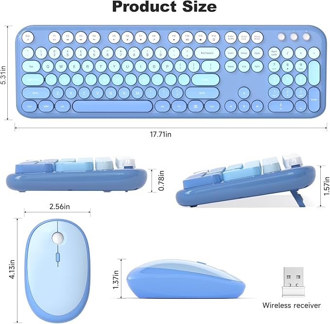 Dilter Wireless Keyboard Mouse Combo, Typewriter Full Size Keyboard with Number Pad and 2 in 1 USB Connected Mouse for Windows 7/8/10, Laptop, Desktop, PC, Computer (Blue Colorful)