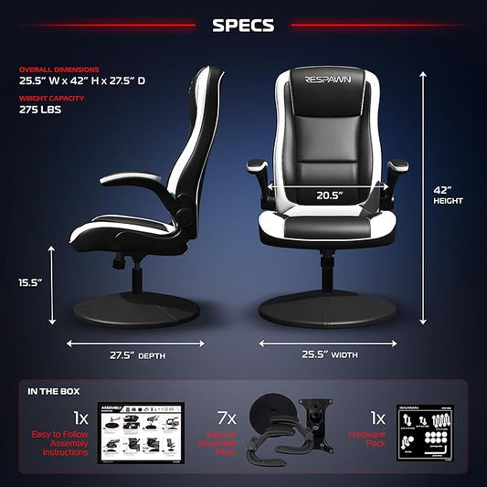 RESPAWN 800 Swivel Rocker Gaming Chair - Ergonomic Floor Gaming Seat with Lumbar Support, Flip Up Armrest, High Back, Pedestal Base, Comfortable No Wheels Console Video Game Rocker Chair - White