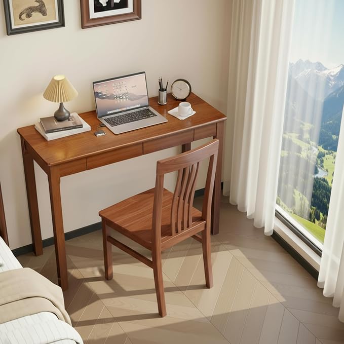 100% Solid Wood Desk with Drawers 39 x 16 Inch Narrow Mid Century Modern Desk, Small Vintage Writing Wooden Desks for Small Spaces Bedroom, Living Room, Office