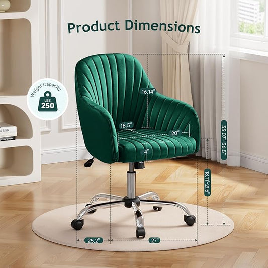 Warmiehomy Desk Chair, Velvet Office Chair, Comfy Reading Chair for Home Office, Women Luxe Computer Vanity Chair for Bedroom, Emerald Green