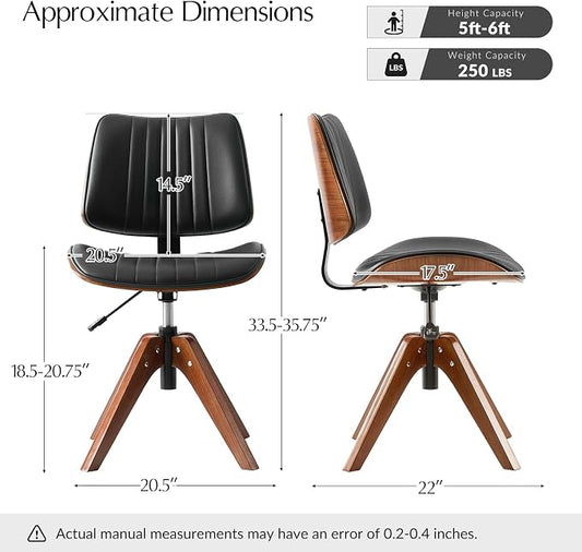 HULALA HOME Faux Leather Home Office Chair with Solid Wood Legs, 360° Swivel Desk Chair No Wheels with Bentwood Design, Mid-Century Modern Wide Seat Computer Task Chair, Black