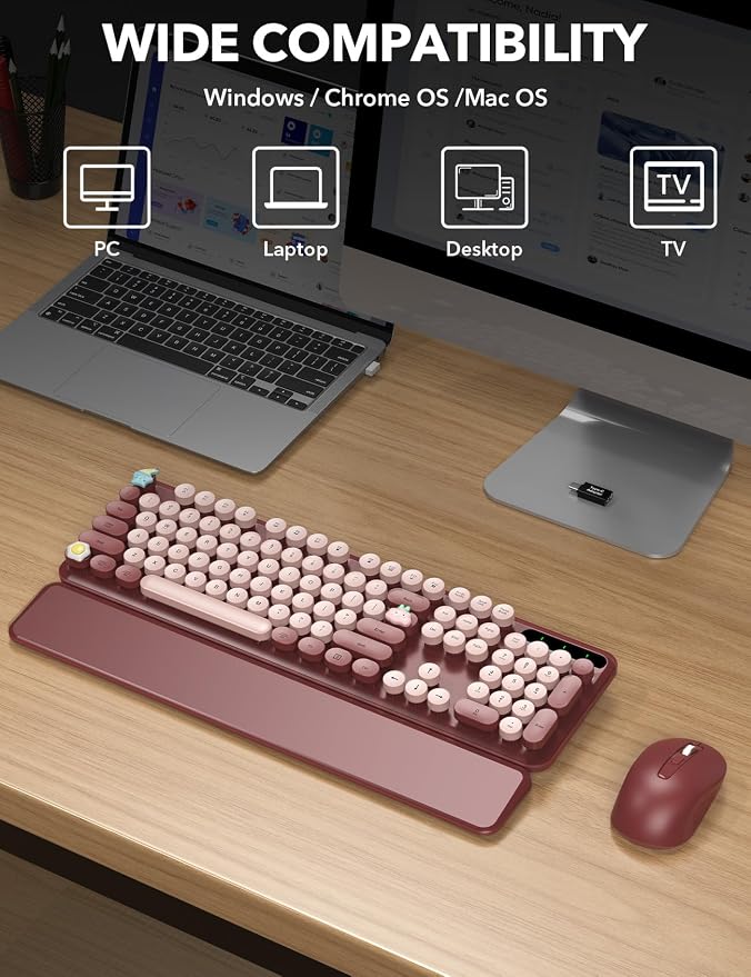 Wireless Keyboard and Mouse Combo - Cute Typewriter Keyboard with Detachable Wrist Rest, Retro Round Keycaps, Foldable Legs, 2.4GHz Full-Size Keyboard for PC, Laptop, Windows - Trueque (Wine Red)