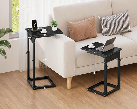 Vagusicc C Shaped End Table with Charging Station, 33"Tall C-Table End Table Adjustable Height Side Table for Couch, Couch Table That Slide Under Sofa Table TV Tray Table for Living Room,Bedroom,Black