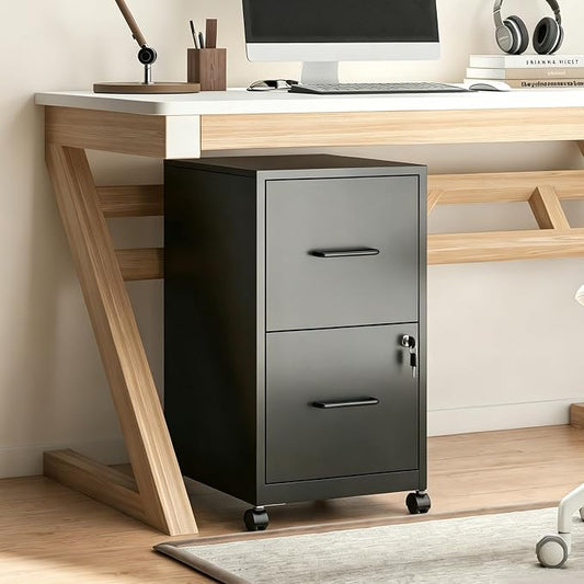 SAWJEC 2 Drawer File Cabinet with Lock, Black Metal Filing Cabinet for Home Office, Assembly Required, Vertical Locking File Cabinet with Letter Size Hanging Files, 17.7" D x 15.0" W x 26.8" H