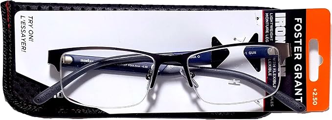FosterGrant Ironman IronFlex IM1001 Men's Reading Glasses Semi Rimless Gun (Blue, 1.50)