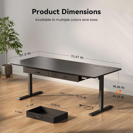 HLDIRECT Electric Standing Desk, Extra Large 71 x 31.5 Inches Height Adjustable Table with Outlets, Sit Stand Computer Desk with Drawers for Home Office, Ergonomic Rising Workstation, Black