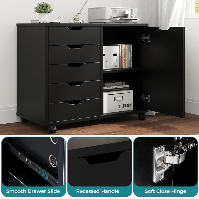 OLIXIS Under Desk Mobile File Cabinet, MDF Rolling Printer Storage Cabinet with 5 Drawers & Side Cabinet, Smooth Gliding Office Storage Organizer for Home Office, Black