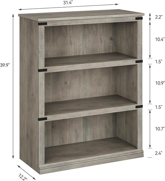 GarveeHome 3 Tier Farmhouse Bookcase, 39.9 in Tall Book Shelf with Storage, Wooden Bookshelves 3 Shelf Display Shelvesfor Home Office, Living Room, Bed Room (Grey, 39.9 in H x 31.5 in W x 12.8 in D)