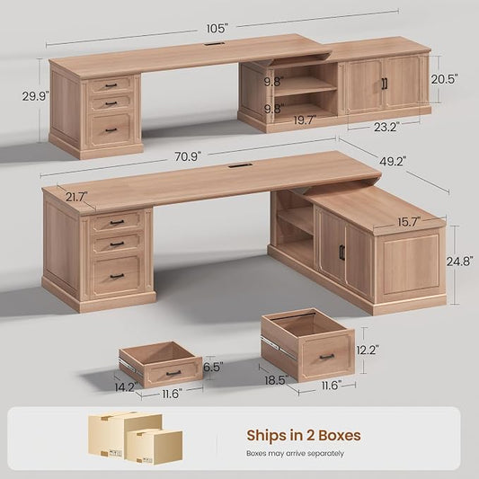 SEDETA Farmhouse L Shaped Desk with Drawers, 70.9" Home Office Desk with Storage Cabinet and Storage Shelves, L Shaped Computer Desk with Power Outlet,Oak
