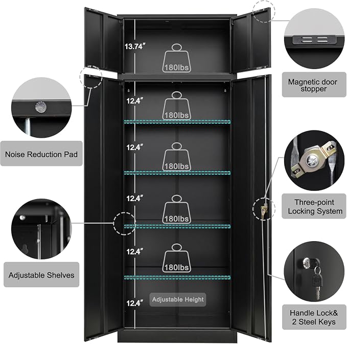 Metal Storage Cabinet, 87 Inch Tall Locking Cabinet with Top Cabinet, Heavy Duty Garage Cabinet with Doors and 4 Adjustable Shelves, Pantry Cabinets for Office, Garage, Home-Black