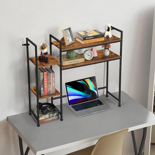 YBING Desktop Bookshelf, Desk Hutch Dorm, 4 Tier Desk Organizer Shelf Wood Over Computer Desk Shelves Multipurpose Desk Top Storage Display Rack for Home Office, Rustic Brown