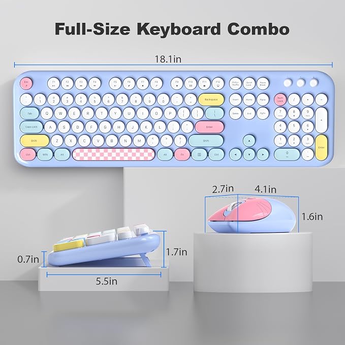 Wireless Keyboard and Mouse Combo, Meidosa 2.4GHz Colorful Full-Size Retro Typewriter Keyboard with Cat Shape 3 Level Adjustable Optical Mouse for PC/Desktop/Laptop/Windows (Pale Blue Colorful)