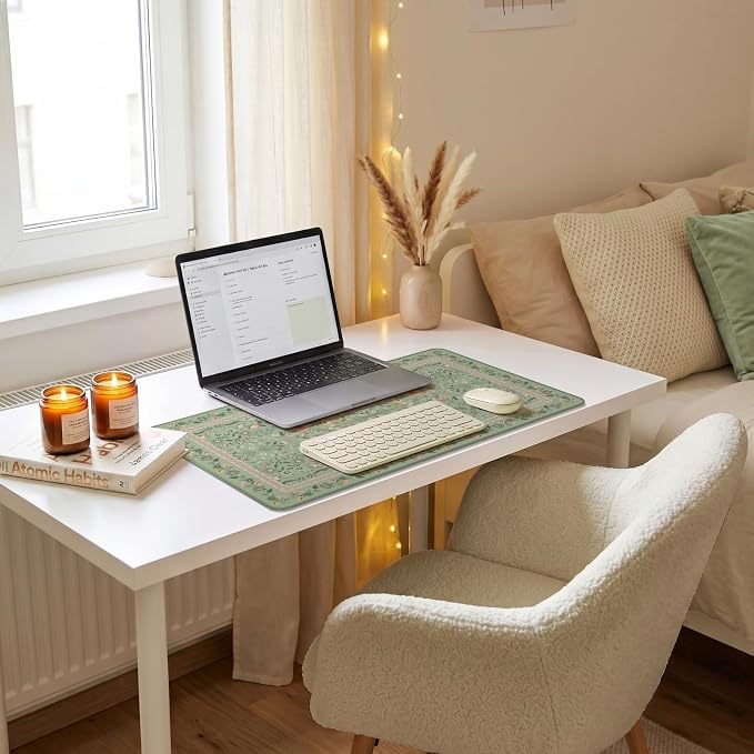 iCasso Aesthetic Flower Mouse pad for Laptop, Desk Pad Mat, Desk Matt for Desktop 13.7"x23.6", Anti-Slip Mousepad with Stitched Edges for Laptop Computer Keyboard(Light Green)