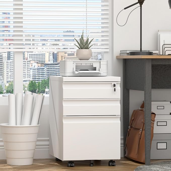 3 Drawer File Cabinet, Metal Printer Stand with Roling Caster, Under Desk Storage for Home Office, File Cabinet with Lock, No Assembly Required, White