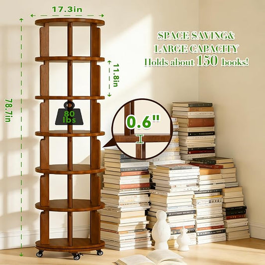 6 Tier 360° Rotating Solid Wood Bookshelf with Wheels, Lazy Susan Circular Spinning Revolving Corner Bookcase, Freestanding Storage Shelf for Bedroom Small Space, Walnut