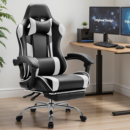 Sweetcrispy Computer Gaming Chair: Ergonomic High Back PU Leather Video Racing Chair with Adjustable Headrest & Footrest, Linkage Armrest, for Office and Home, White