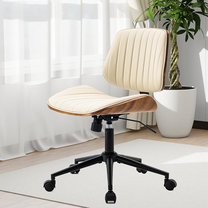 Home Office Desk Chair with Wheels, Modern PU Leather Swivel Computer Chair, Armless Upholstered Cirss Cross Vanity Chair for Home Office, Reading, Meeting, Beige
