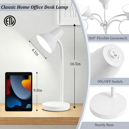 LED Desk Lamp with Flexible Gooseneck, Eye-Caring 4.5W Energy-Saving Study Lamps, Anti-tip Heavy Duty Bedside Reading Light, Desk Lamps for College Dorm Room, Home Office, Modern Lamp with 1.6m Cord
