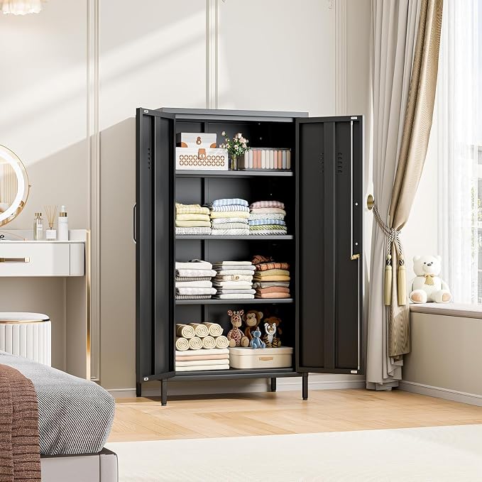 erosoei 47.24" H Metal Locker Storage Cabinet, Office Locker with 3 Adjustable Shelves, Steel Cabinet with 2 Doors, High Leg Organizer for Home Office, Kitchen, Living Room, Bedroom and Bathroom.