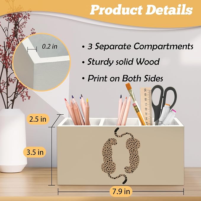 Trendy Retro Leopard Pen Holder Organizer for Desk Accessories, Rustic Neutral Cheetah Wild Animals Wooden Box Sign Desk Decorations for School Girly Room Dorm Decor