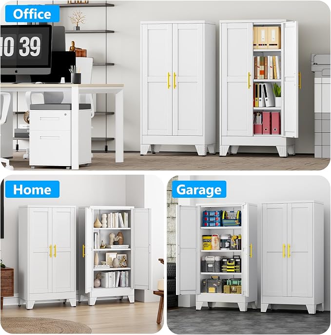 pozdeg 47.24" Tall Metal Storage Cabinet with 2 Doors & 3 Adjustable Shelves, Steel File Cabinet Multipurpose Organizer for Home Office Garage (White)