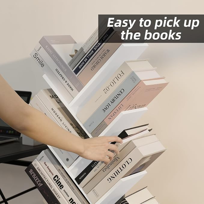 SHEEPAM 8 Tier Tree Bookshelf with Drawer, Free Standing Wood Bookcase for Living Room, Bedroom, Home Office, Space Saving Storage Organizer Bookshelves for Books, CDs, Vinyl Records- White